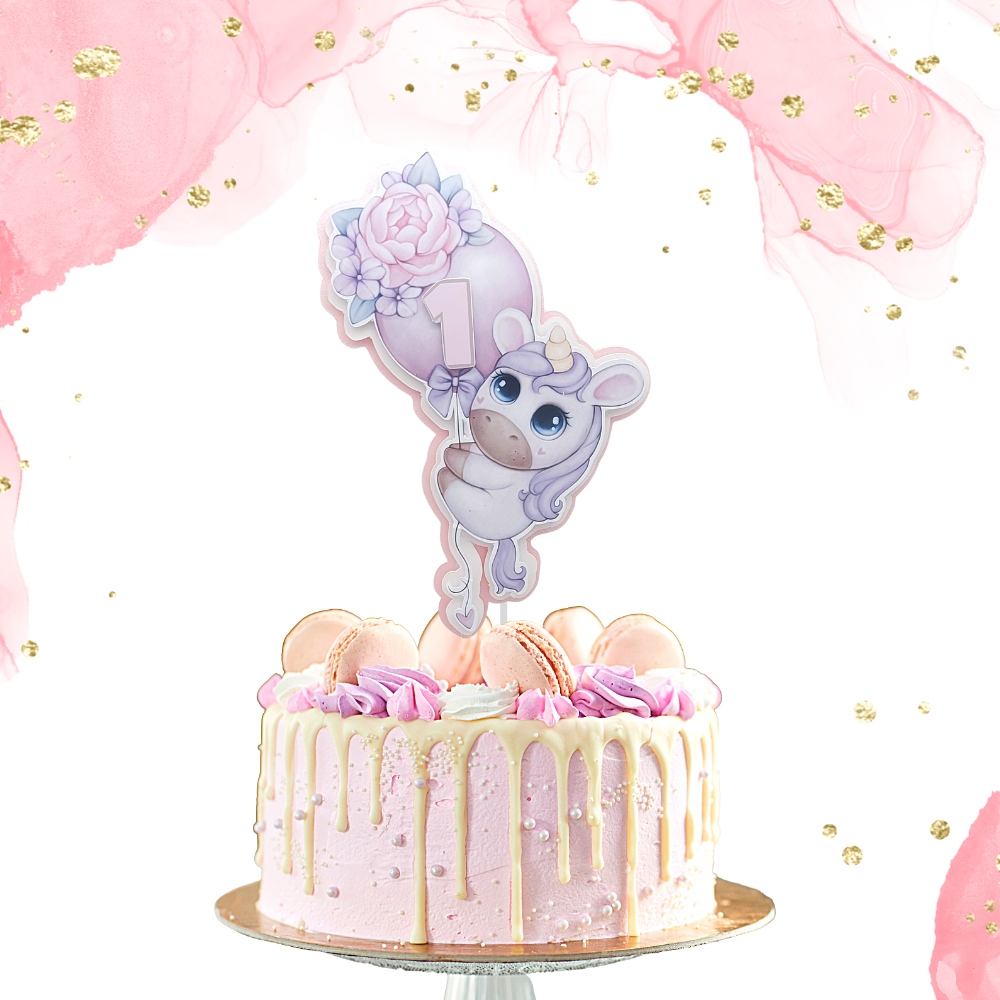 Personalisierter Papier-Cake-Topper - Baby Einhorn mit Ziffer "1" in Pastellfarben – Bild 2
