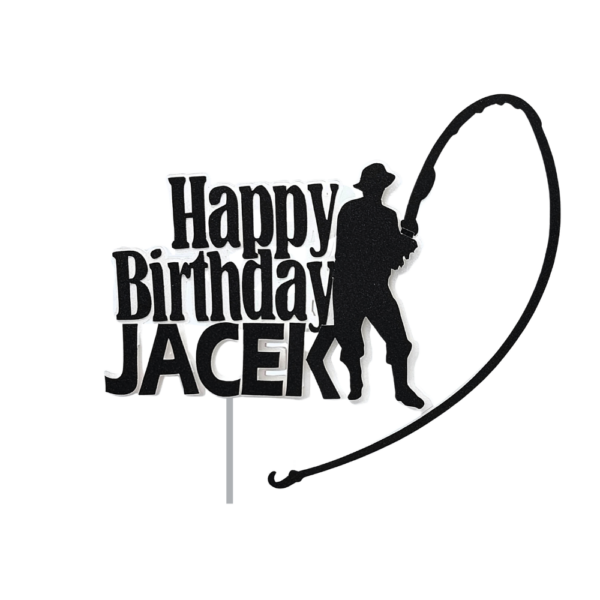 Personalisierter Papier-Cake-Topper - Angler mit "Happy Birthday" und Name