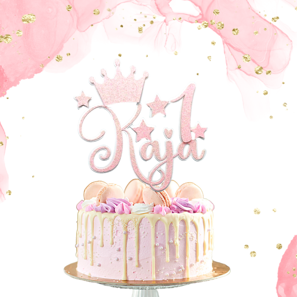 Personalisierter Papier-Cake-Topper - Sterne und Krone mit Name und Zahl im mädchenhaften Design – Bild 2