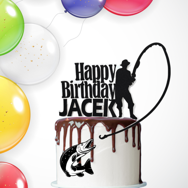 Personalisierter Papier-Cake-Topper - Angler mit "Happy Birthday" und Name – Bild 2