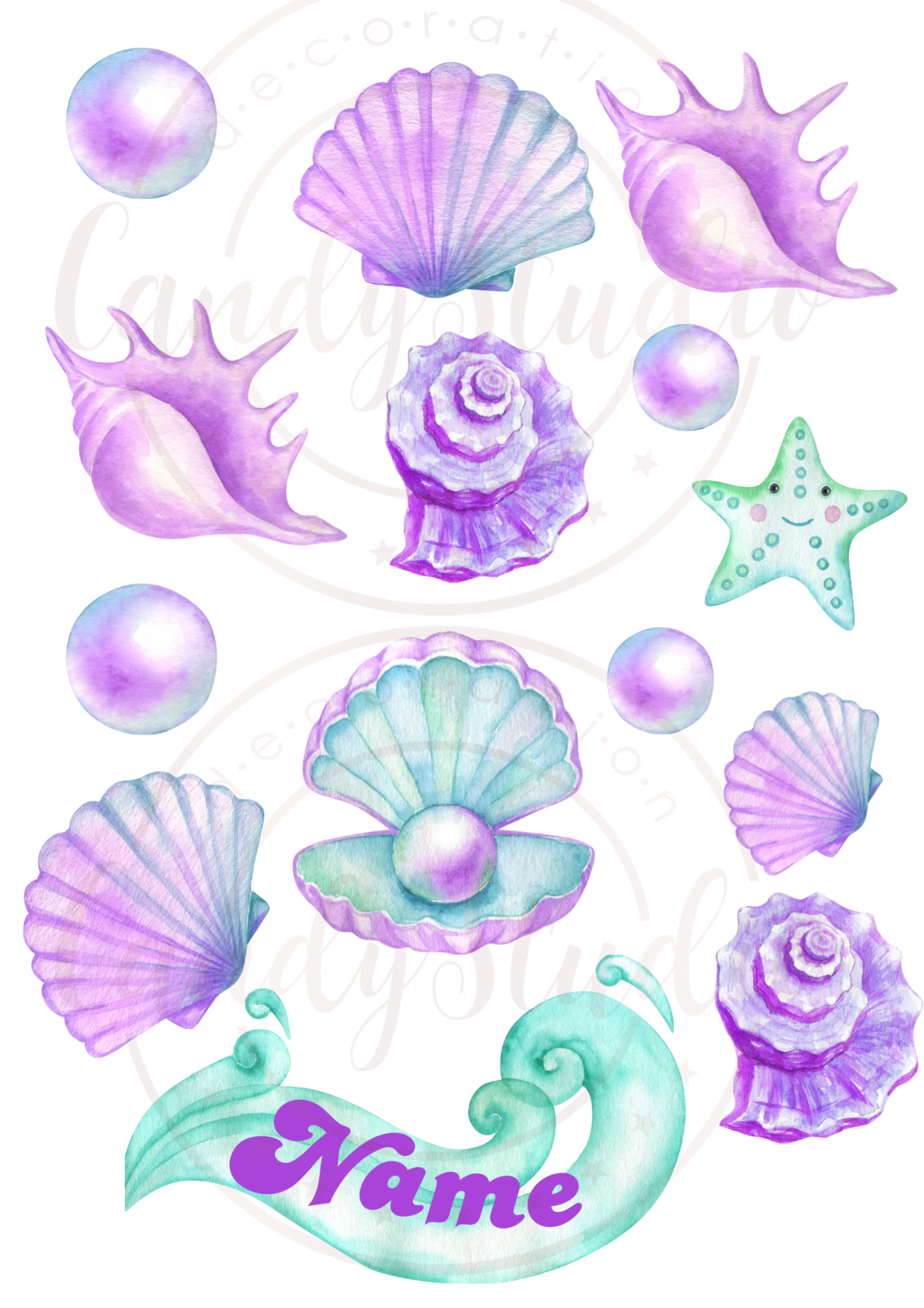 Essbarer Ausdruck „Muscheln in Pastellfarben“ – Aquarell-Effekt, personalisierbar