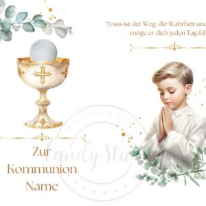 Essbarer Tortenaufleger – Kommunion für Jungen mit Name & Zitat