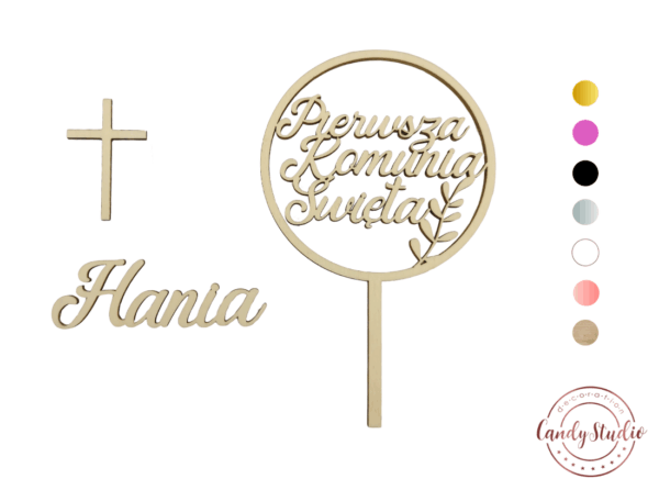 Cake Topper Set – „Pierwsza Komunia Święta“ im Kreis + Name + Kreuz (3-teilig, personalisierbar)