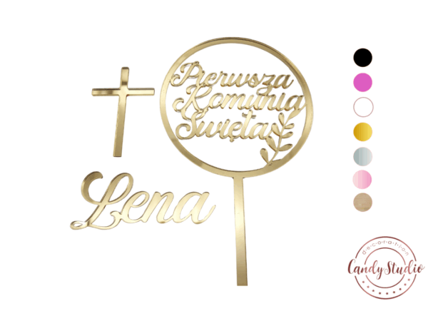 Cake Topper Set – „Pierwsza Komunia Święta“ im Kreis + Name + Kreuz (3-teilig, personalisierbar) – Bild 3