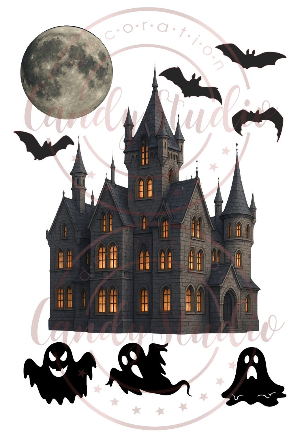 Essbarer Druck – Halloween Schloss mit Geistern, Fledermäusen und Vollmond
